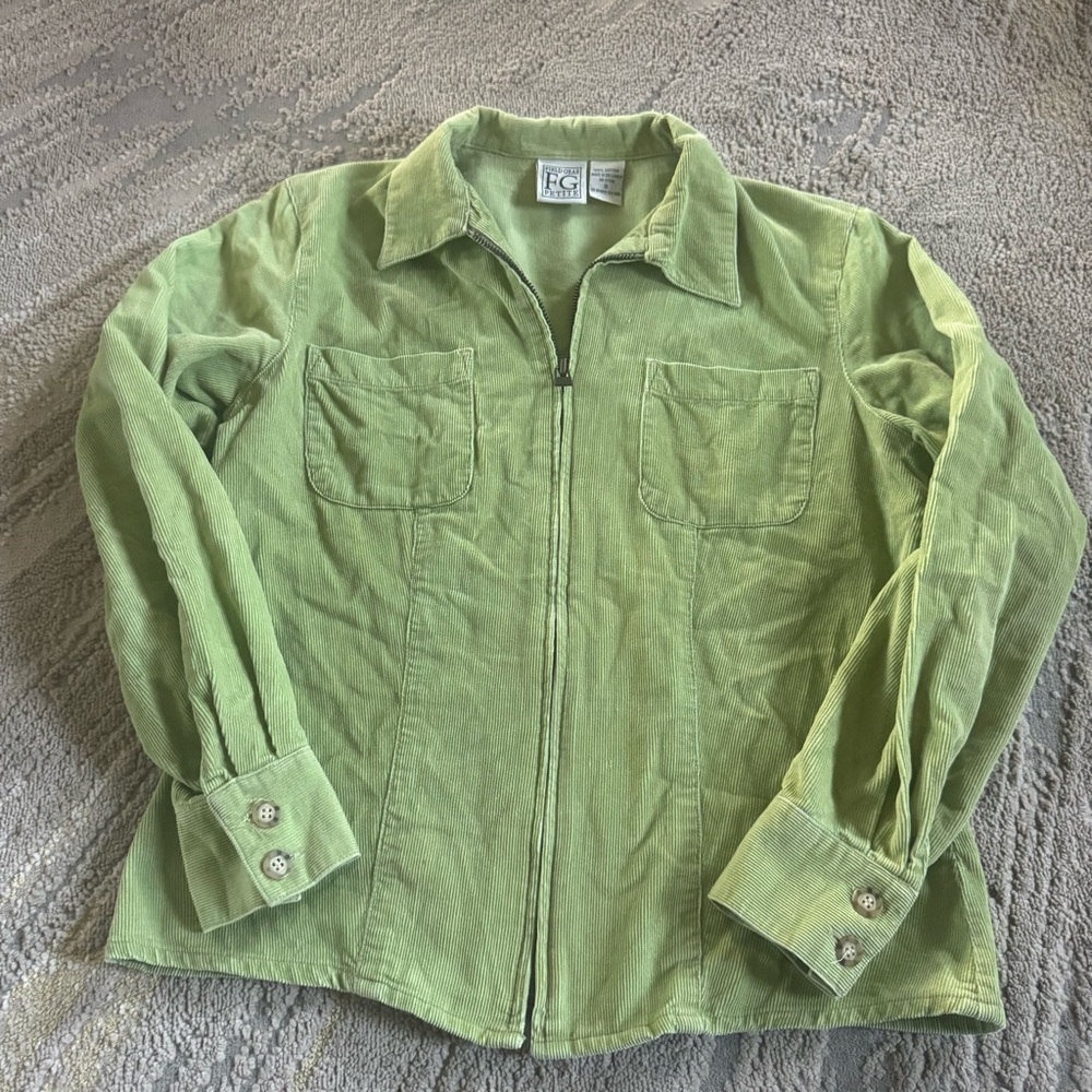 Vintage 90s green corduroy shirt jacket full-zip front two chest pockets small